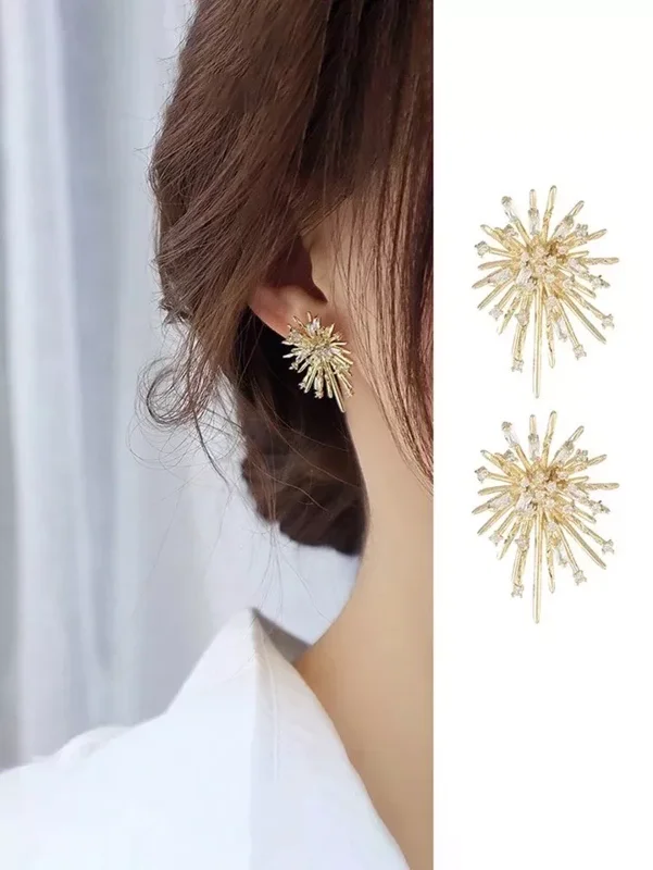 Starburst Sunburst Earrings - Gold Bohemian Rhinestone Boho Studs Gift