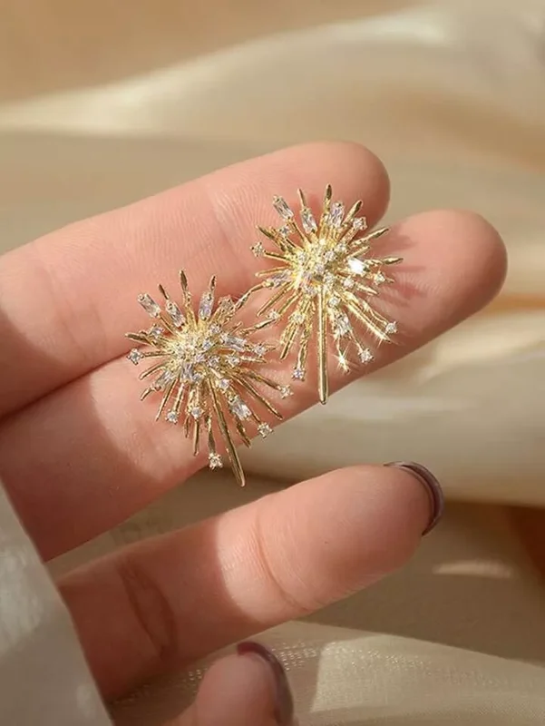 Starburst Sunburst Earrings - Gold Bohemian Rhinestone Boho Studs Gift