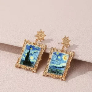 Starry Night Van Gogh Earrings - Geometric Dangle Drop Blue Art