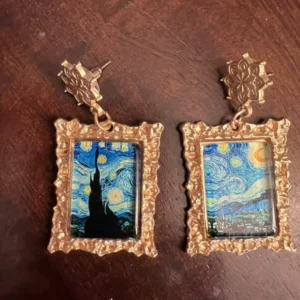 Starry Night Van Gogh Earrings - Geometric Dangle Drop Blue Art