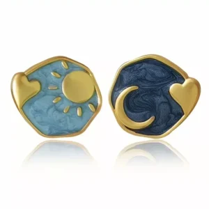 Sun Moon Heart Earrings: Enamel 18K Gold Plated Oil Post Stud Star Asymmetrical Design