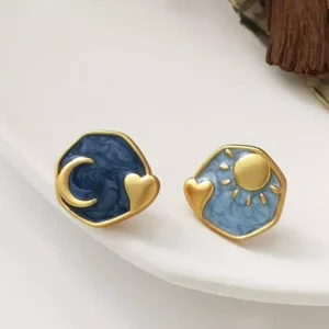 Sun Moon Heart Earrings: Enamel 18K Gold Plated Oil Post Stud Star Asymmetrical Design