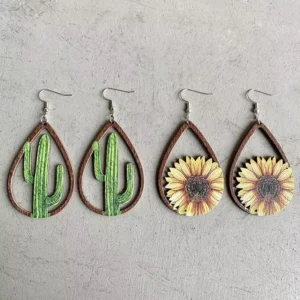 Sunflower Cactus Laser Cutout Wood Teardrop Earrings - Boutique Gifts for Women