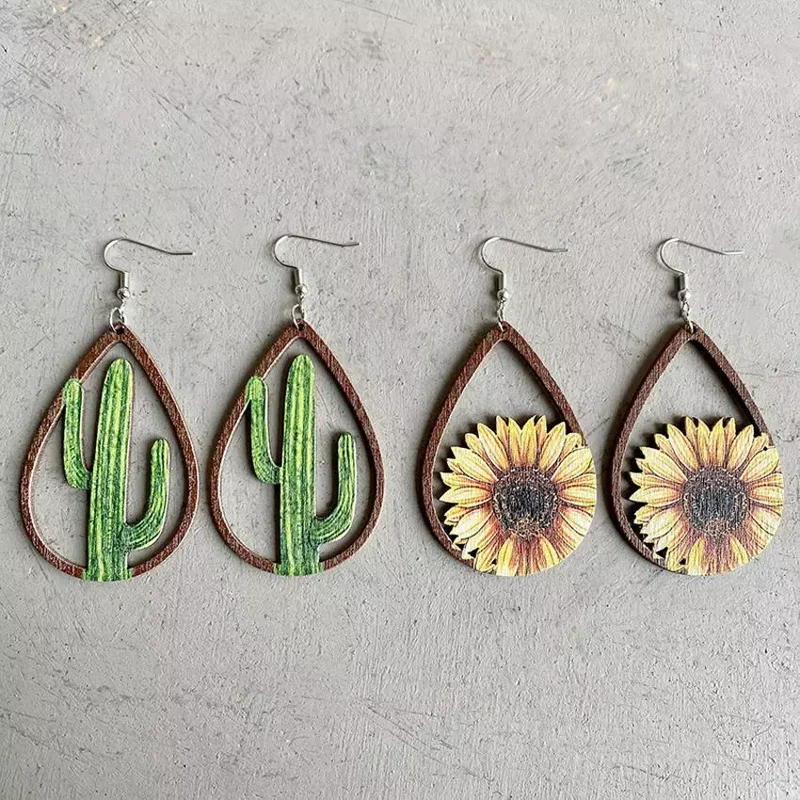 Sunflower Cactus Laser Cutout Wood Teardrop Earrings - Boutique Gifts for Women