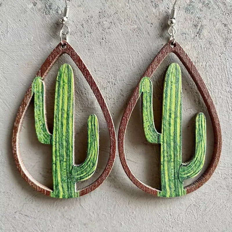 Sunflower Cactus Laser Cutout Wood Teardrop Earrings - Boutique Gifts for Women