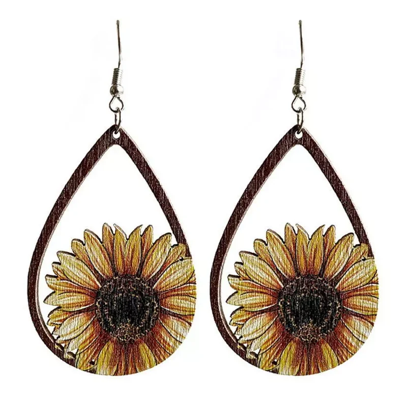 Sunflower Cactus Laser Cutout Wood Teardrop Earrings - Boutique Gifts for Women