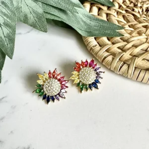 Sunflower Earrings - Mini Pave Cubic Zirconia Studs - Summer Gift Jewelry