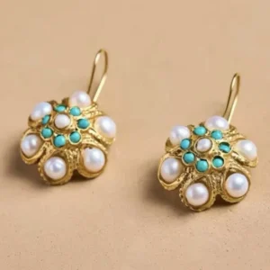 Turquoise Pearl Earrings Flower Gold CZ Vintage Art Nouveau Dangle Drop