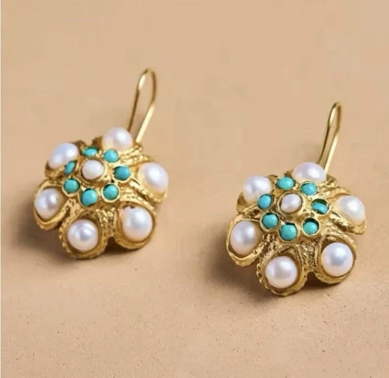 Turquoise Pearl Earrings Flower Gold CZ Vintage Art Nouveau Dangle Drop