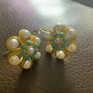 Turquoise Pearl Earrings Flower Gold CZ Vintage Art Nouveau Dangle Drop