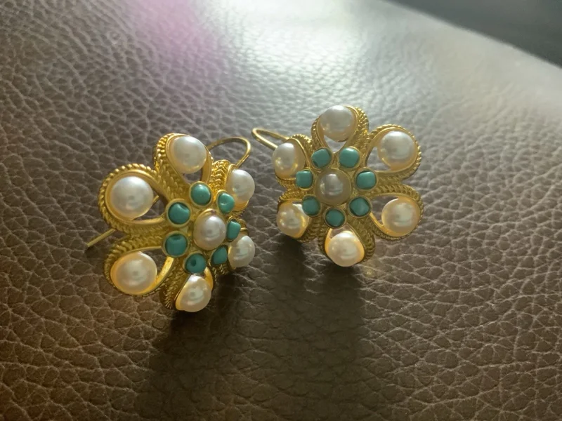 Turquoise Pearl Earrings Flower Gold CZ Vintage Art Nouveau Dangle Drop