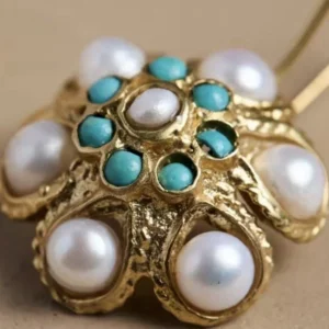 Turquoise Pearl Earrings Flower Gold CZ Vintage Art Nouveau Dangle Drop