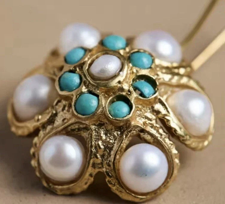 Turquoise Pearl Earrings Flower Gold CZ Vintage Art Nouveau Dangle Drop