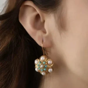 Turquoise Pearl Earrings Flower Gold CZ Vintage Art Nouveau Dangle Drop