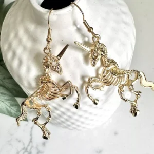 Unicorn Skeleton Earrings - Gold Gothic Whimsigoth Punk Jewelry - New