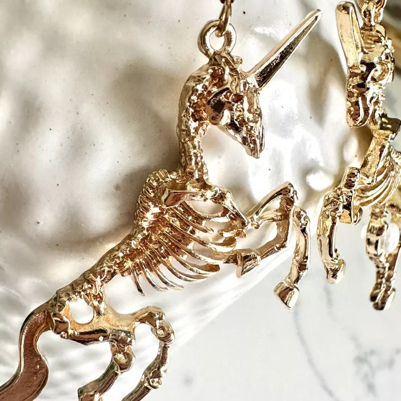 Unicorn Skeleton Earrings - Gold Gothic Whimsigoth Punk Jewelry - New