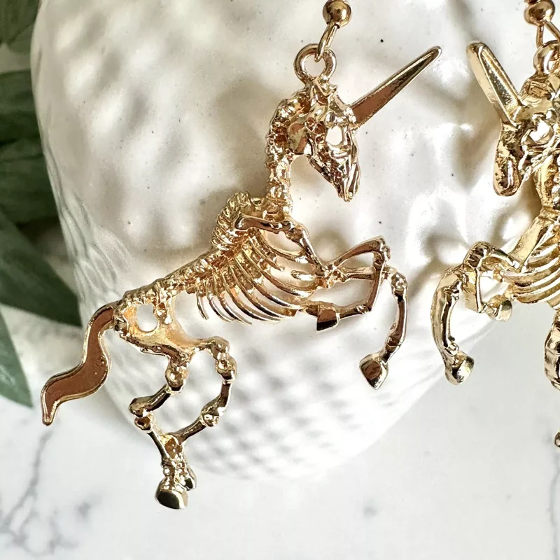 Unicorn Skeleton Earrings - Gold Gothic Whimsigoth Punk Jewelry - New